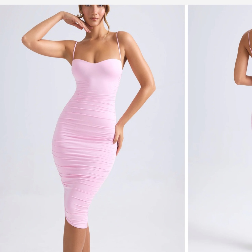 OhPolly Pink Asymmetrical Ruched Dress